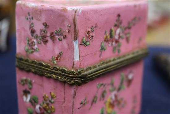 Two tortoiseshell etuis, a tortoiseshell case, a 19th century walnut snuff box and and enamel porcelain etui